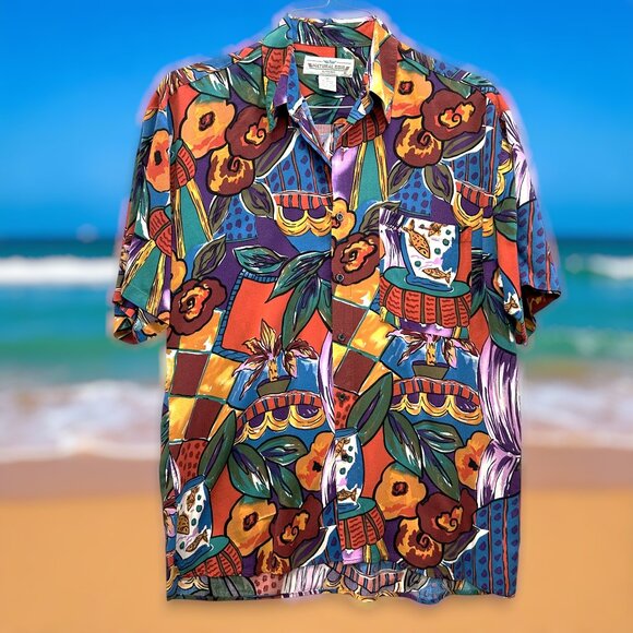 Vintage 80s-90s Natural Issue Rayon Shirt M Tropical Abstract - Picture 1 of 7